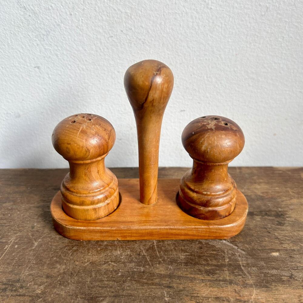 Vintage Spanish Wooden Salt & Pepper Shakers and Stand, Set of 3